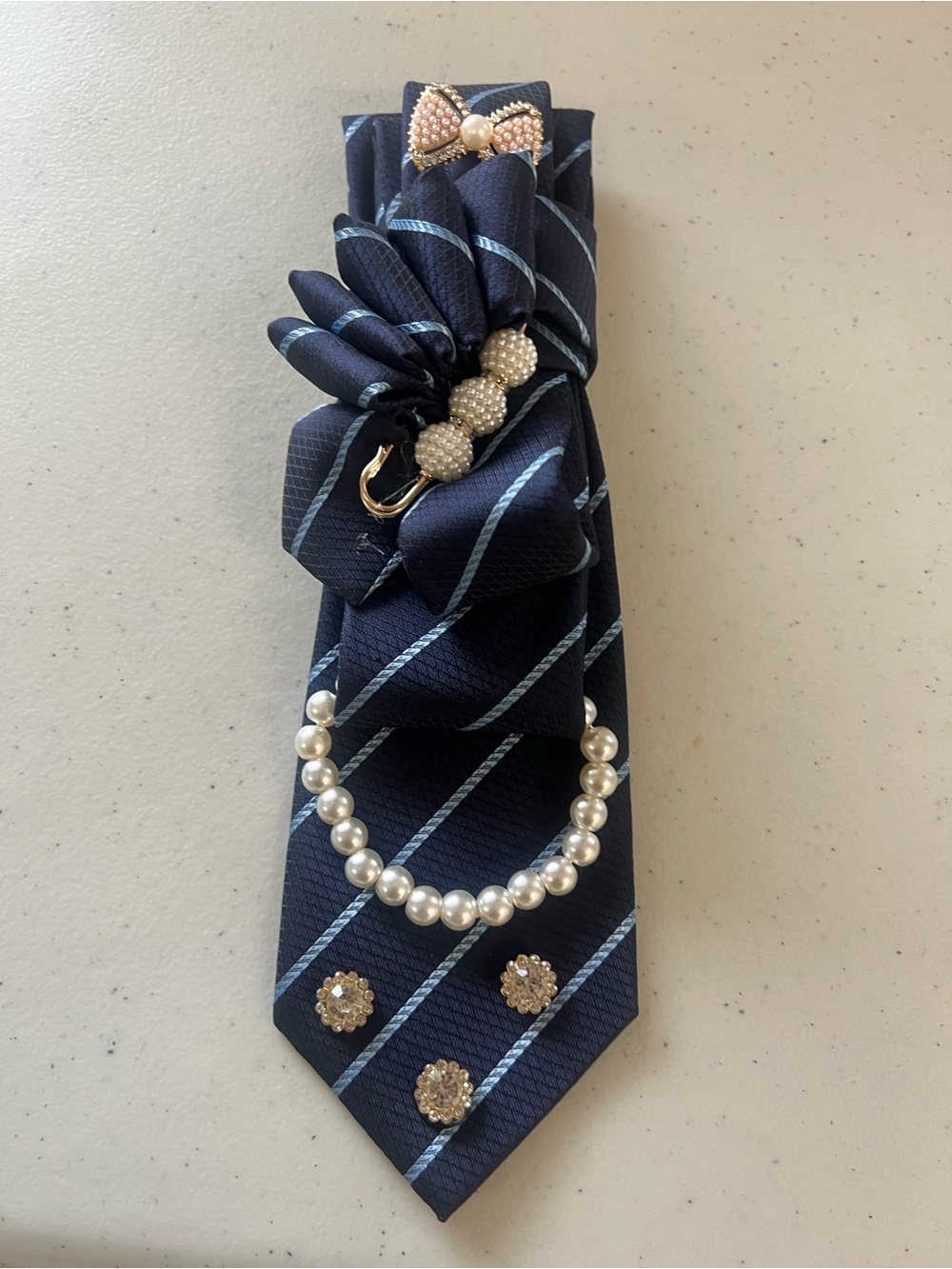 Navy Blue Striped Tie with Pearl & Rhinestone Accents